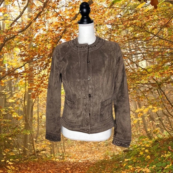 Liz Claiborne Womens Jacket Coat Brown Snap Lined Embellished Crew Suede size 4